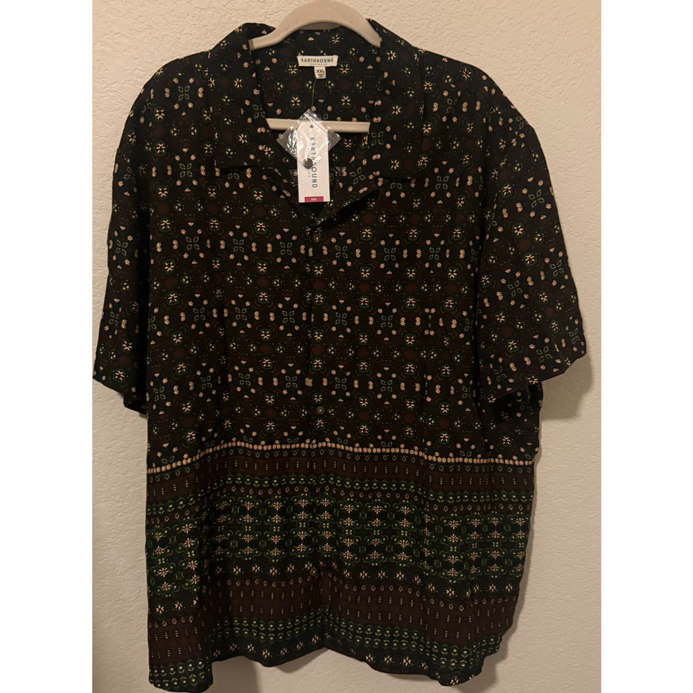 Earthbound Trading Co XXL Boho Tropical Button Down Shirt Brown Green Floral NWT